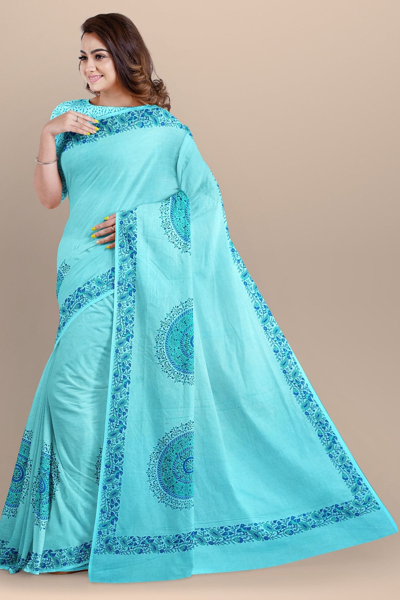 Sky Blue Floral Motif Chippa Hand Block Print Malmal Cotton Saree SKU-AS10075