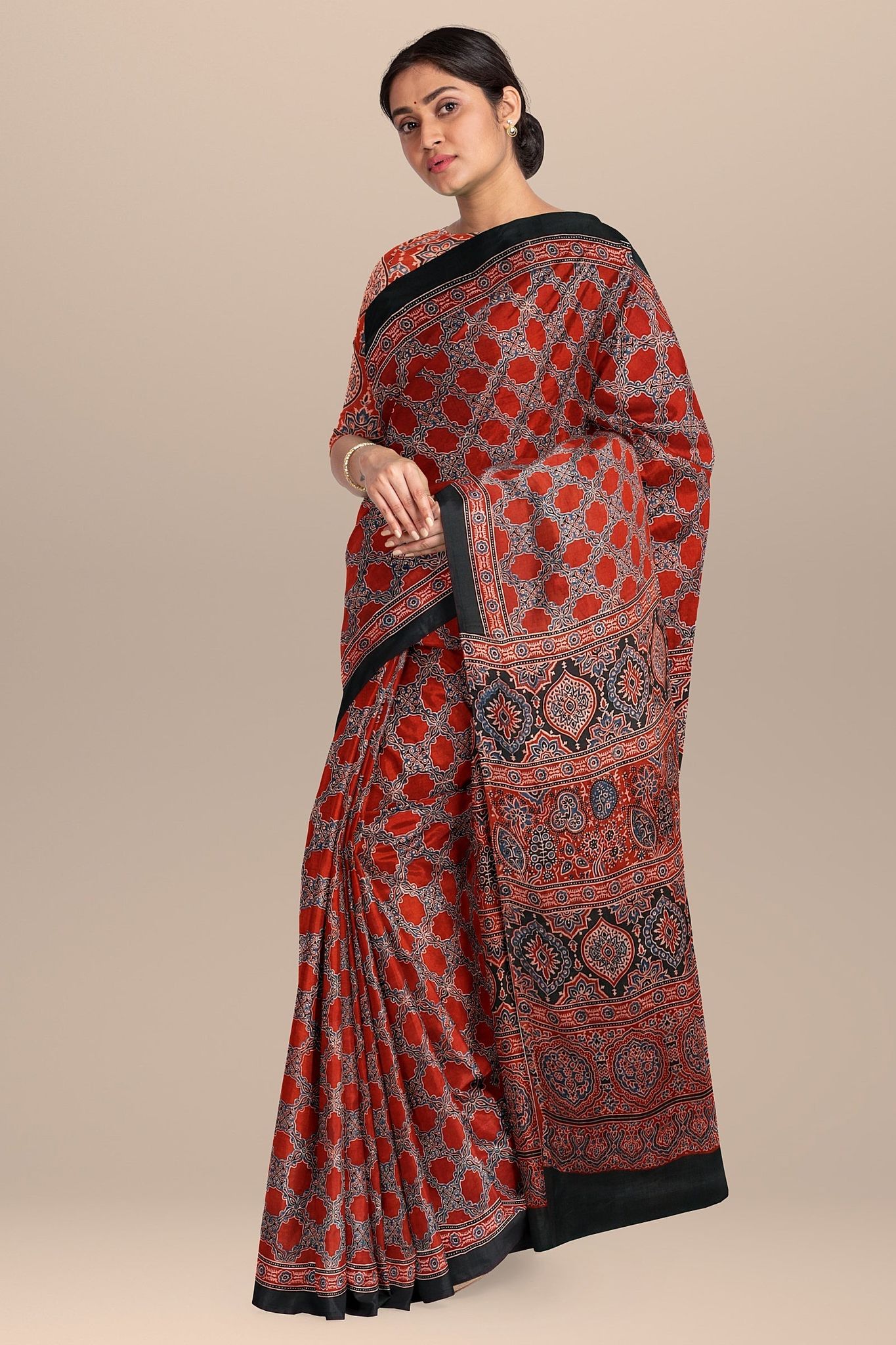 Maooon Ajrakh Hand Block Printed Modal Silk Saree with Floral and Geometrical Print   SKU-BS10073