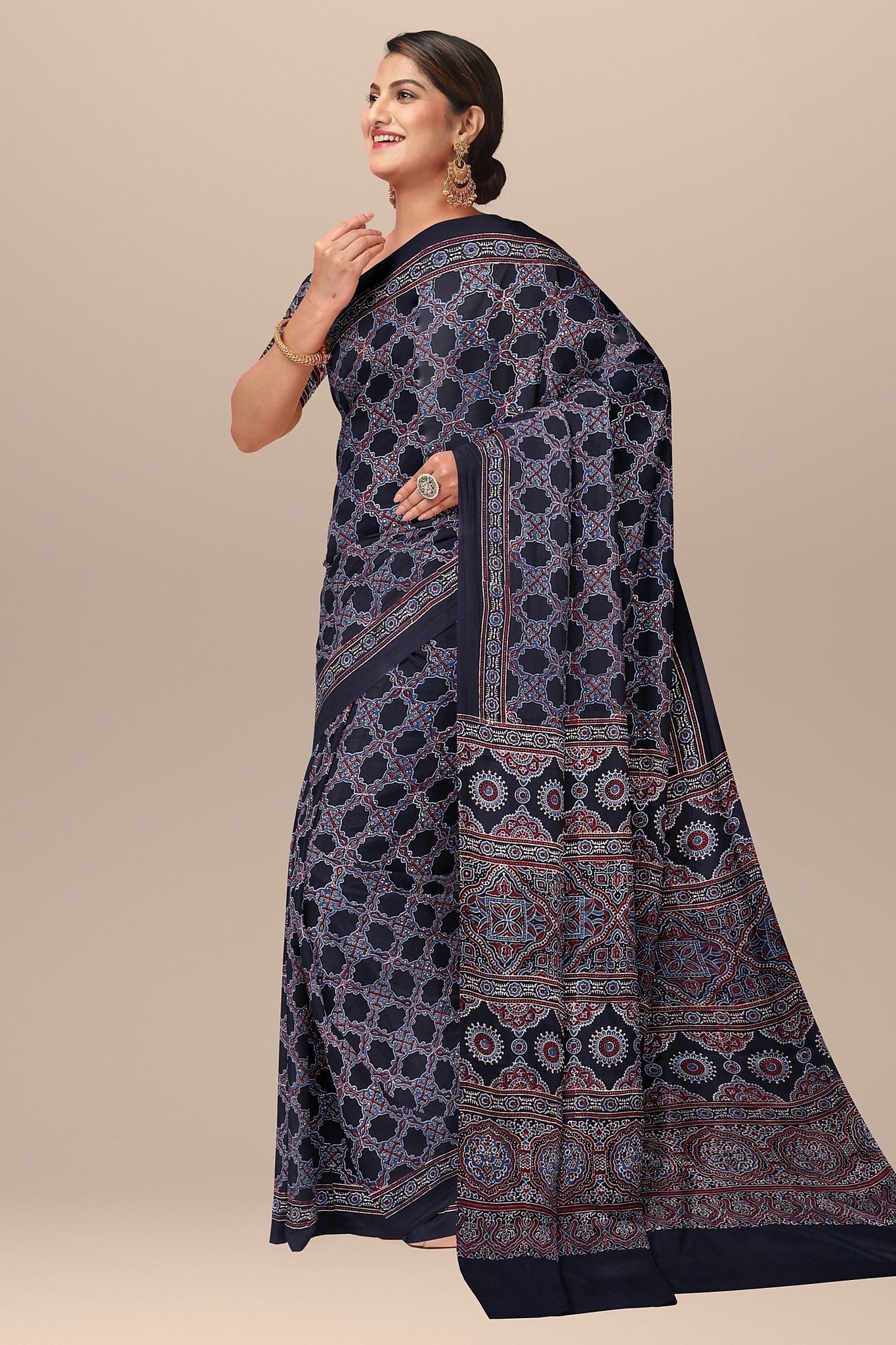 Black Ajrakh Hand Block Printed Modal Silk Saree with Floral and Geometrical Print  SKU-BS10074