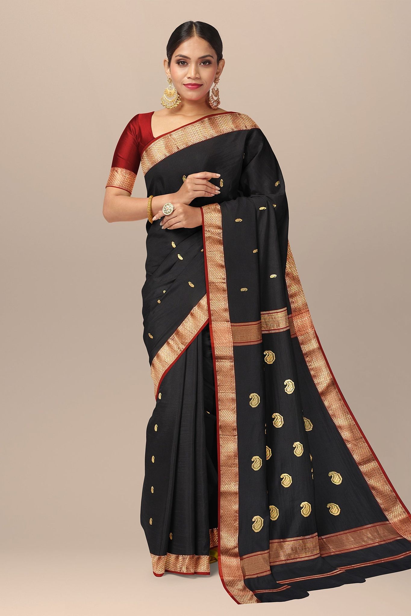 Black Handwoven Sausar Silk with Zari Border and Carry Buta Saree SKU-BS10035