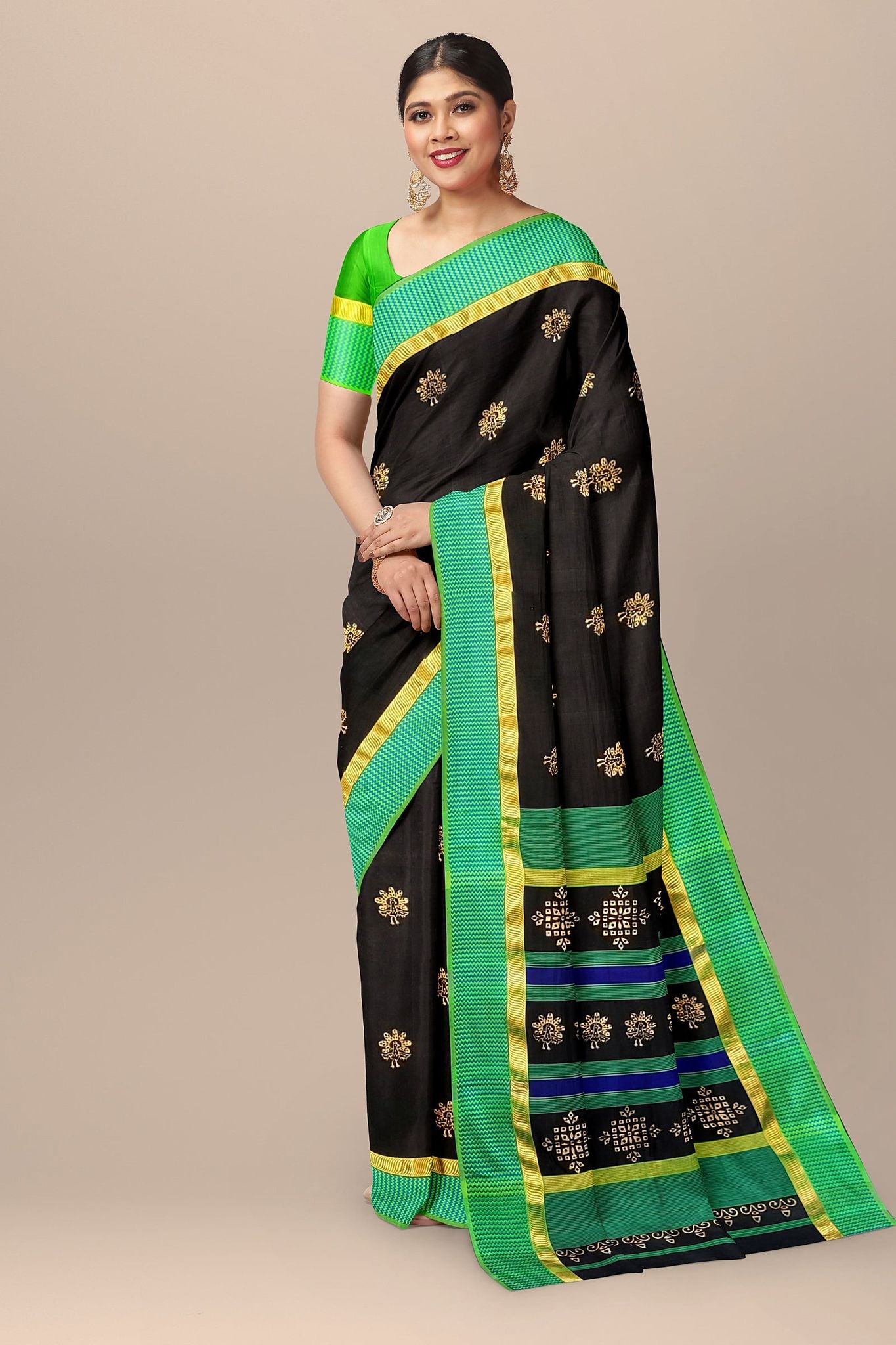 Black Peacock Motif Handwoven Hand Block Print Sausar Silk Saree SKU-AS10079