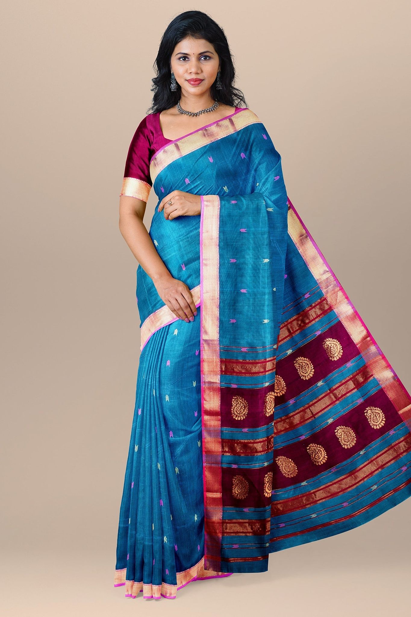 Blue Buti Handwoven Maheshwari  Silk with Zari Border and Carry Buta Palla Saree SKU- BS10129