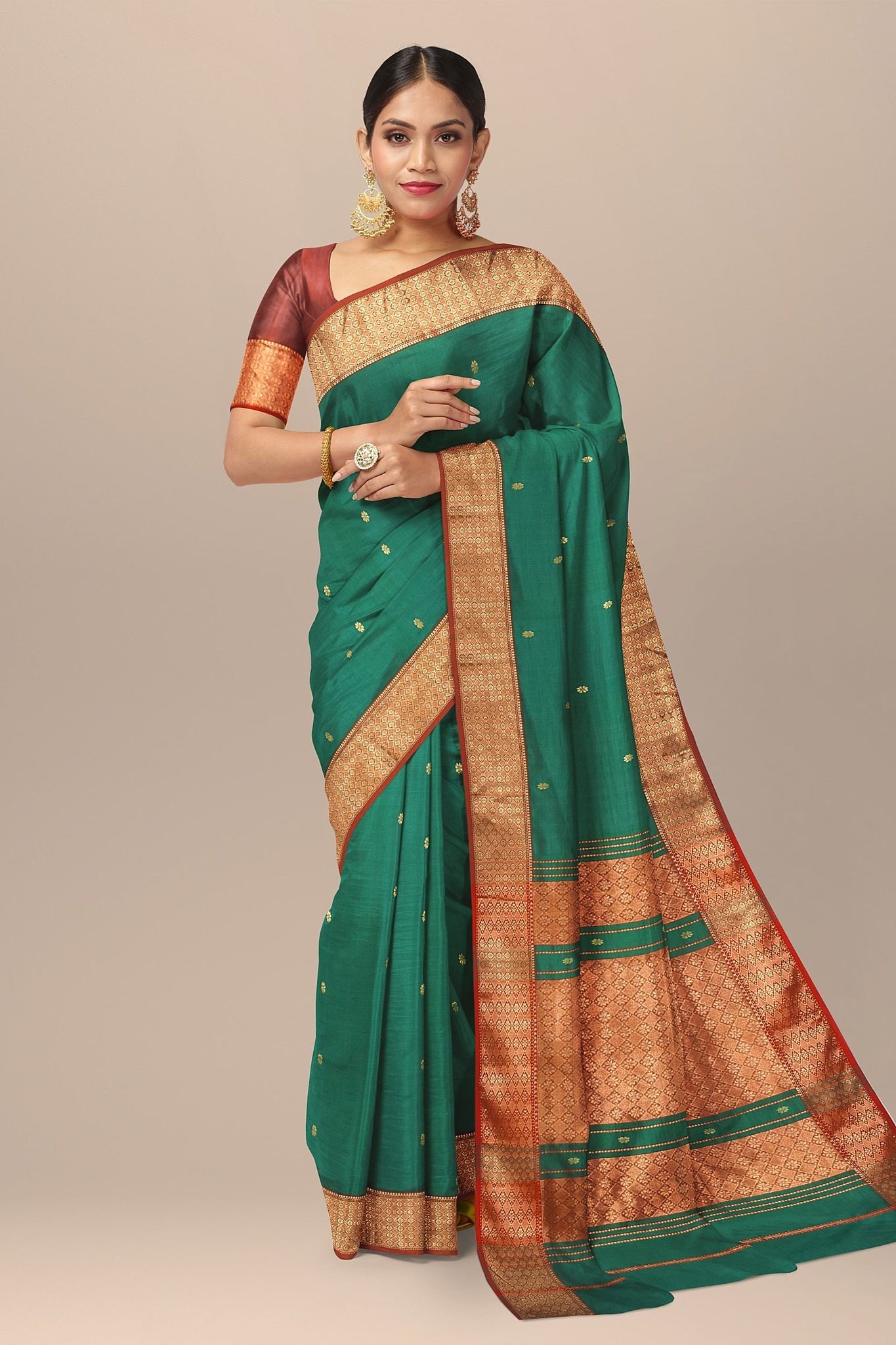 Bottle Green Handwoven Mulberry Sausar Silk With Rui Buti And Zari Border Saree Saree SKU-BS10150