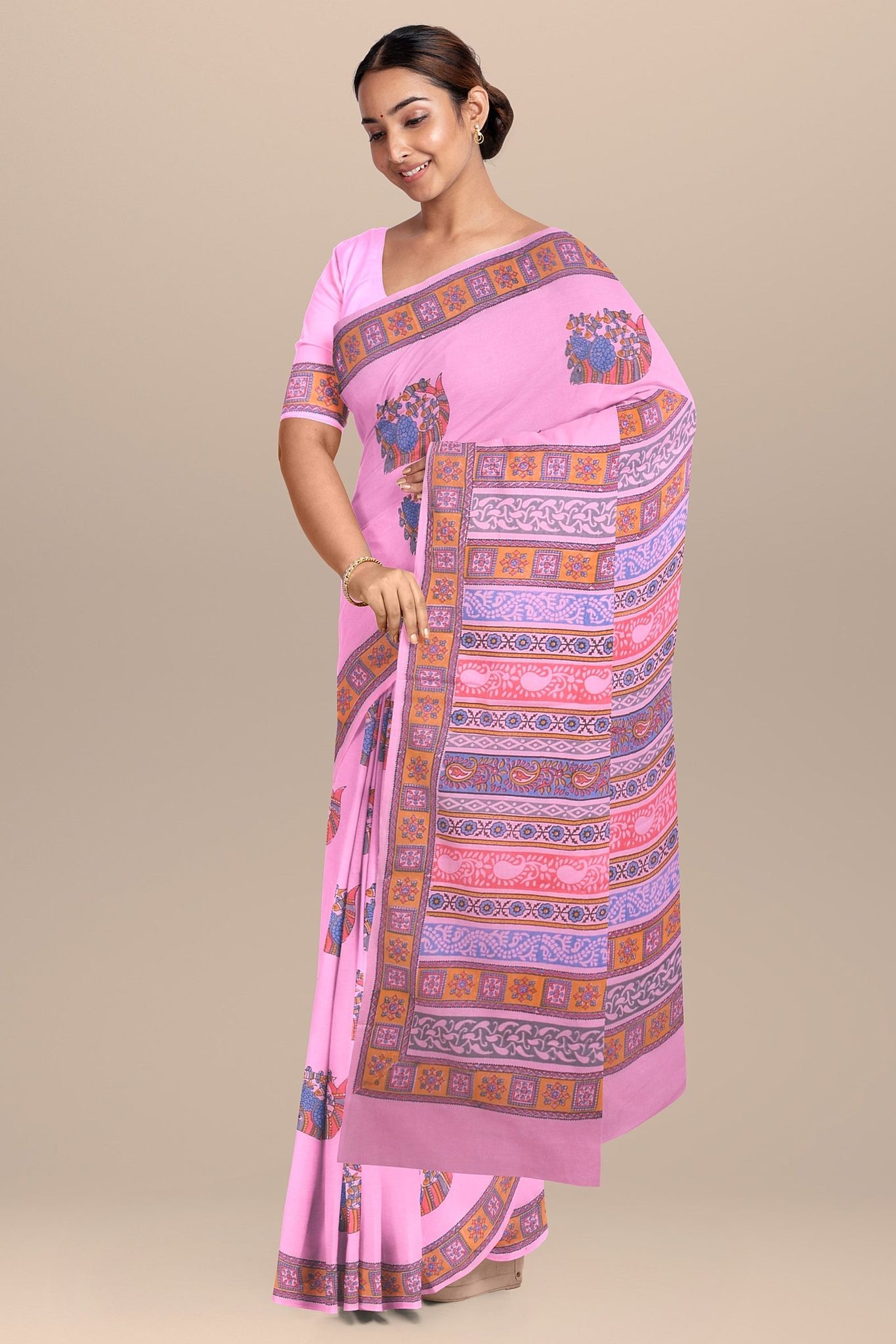 Baby Pink Gond Fish Motif Hand Block Print Malmal Cotton Saree SKU-AS10034