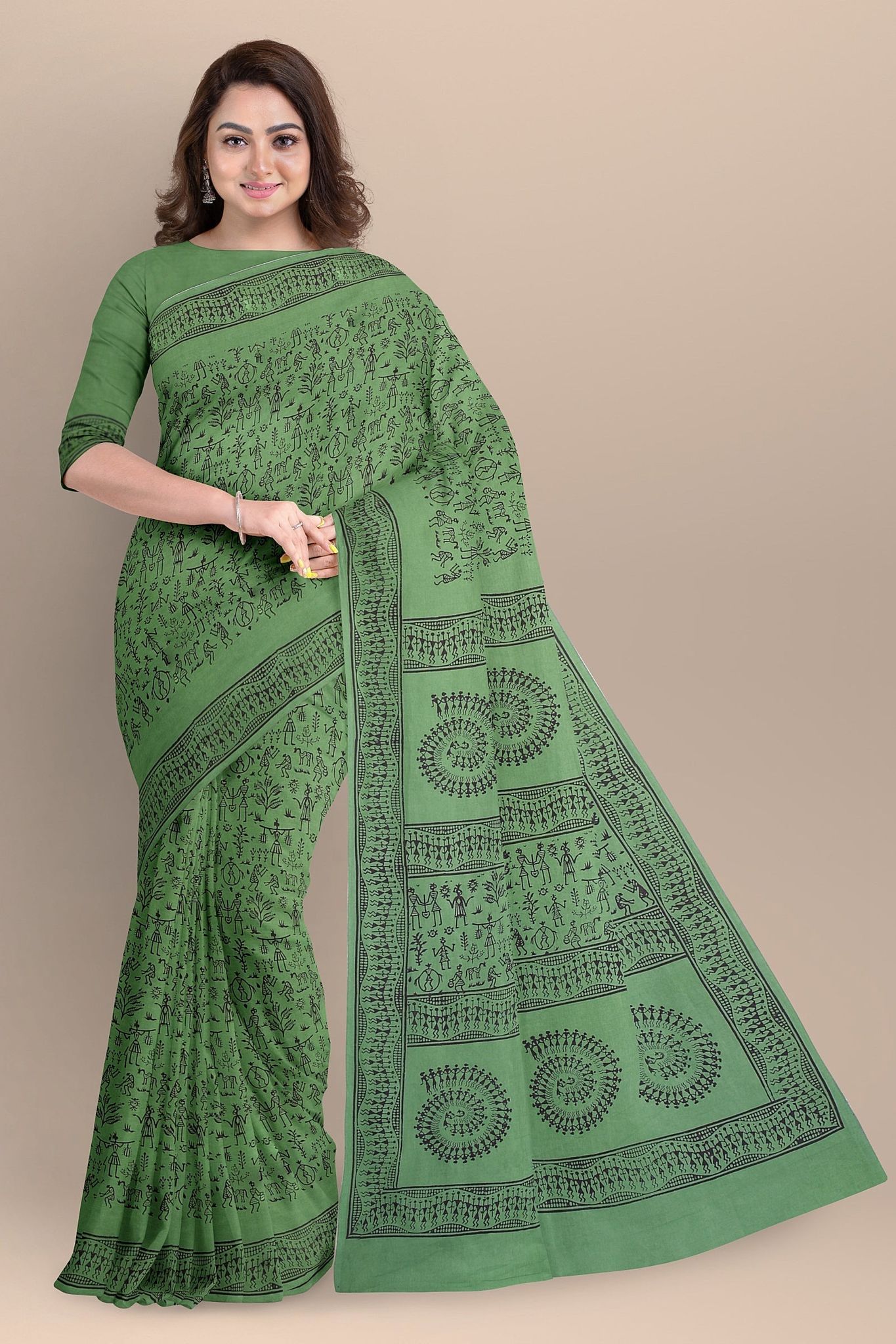 Fern Green Warli Motif Hand Block Print Malmal Cotton Saree SKU-AS10060
