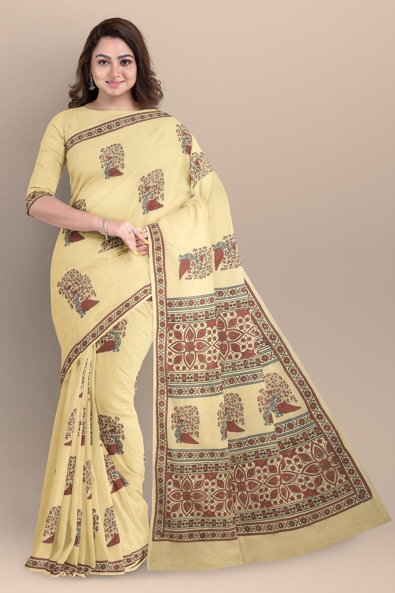 Parmesan Yellow Bird Motif Hand Block Print Malmal Cotton Saree SKU-AS10033