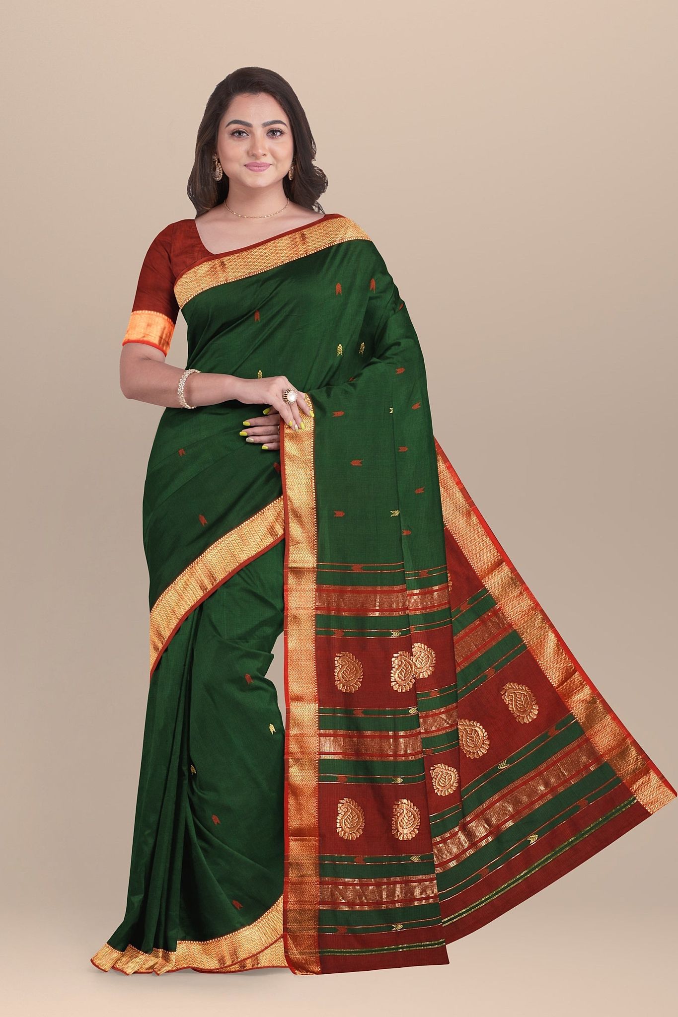 Forest Green Buta Buti Handwoven Sausar Silk with Zari Border Saree SKU- BS10013