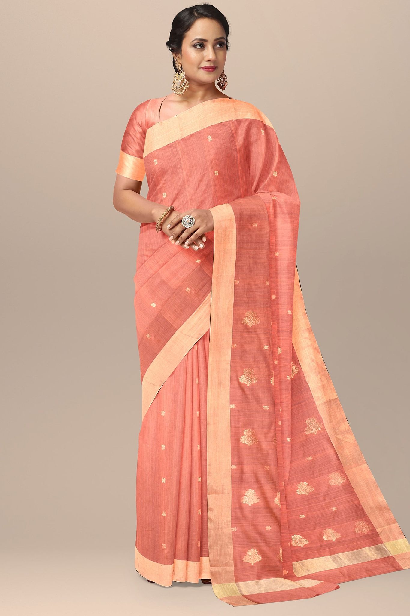 Peach Color Handwoven Traditional Floral Buta Chanderi With Golden Zari Border SKU - BS10143