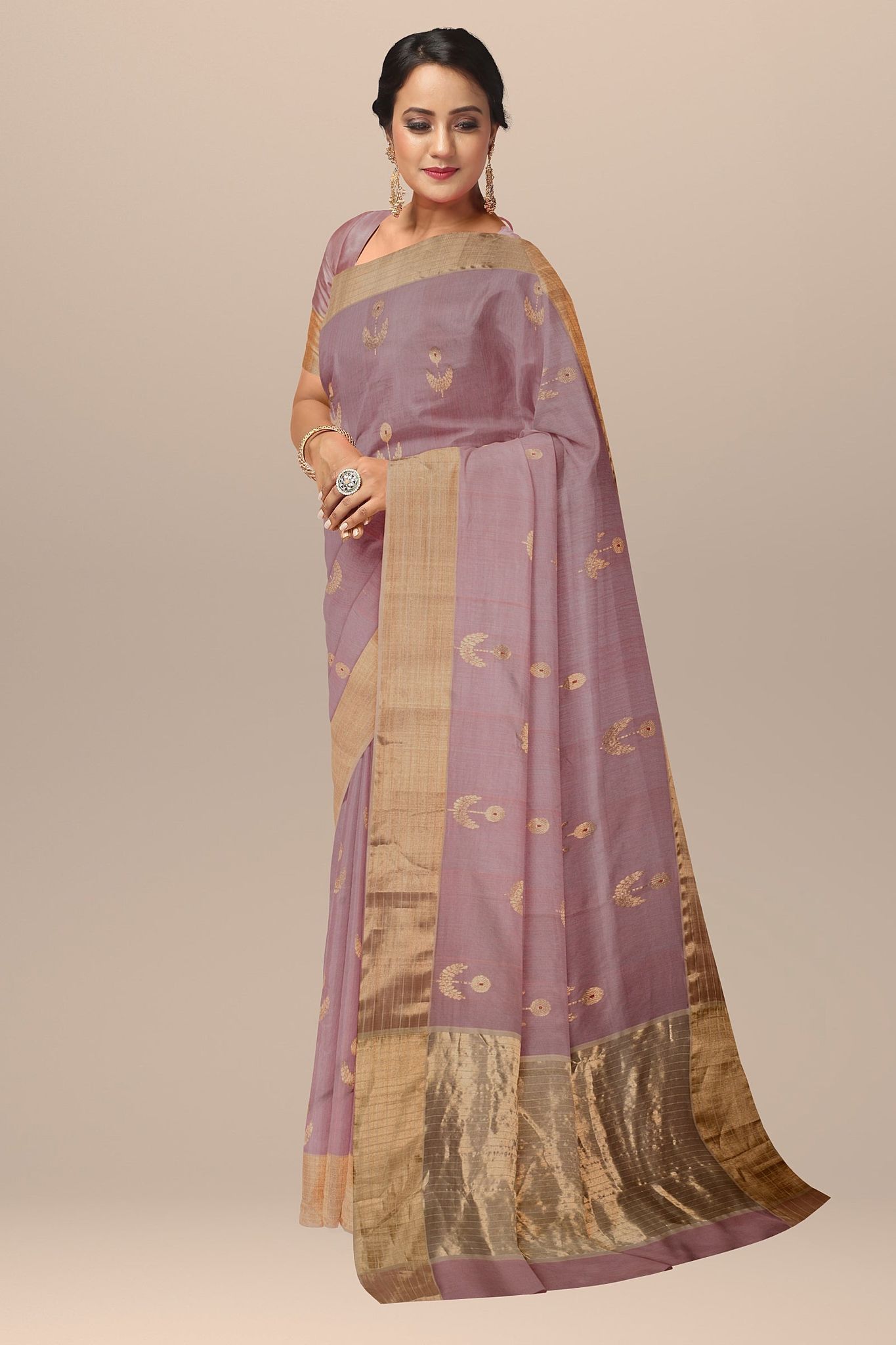 Copper Color Handwoven Traditional Floral Buta Chanderi With Golden Zari Border SKU - BS10138