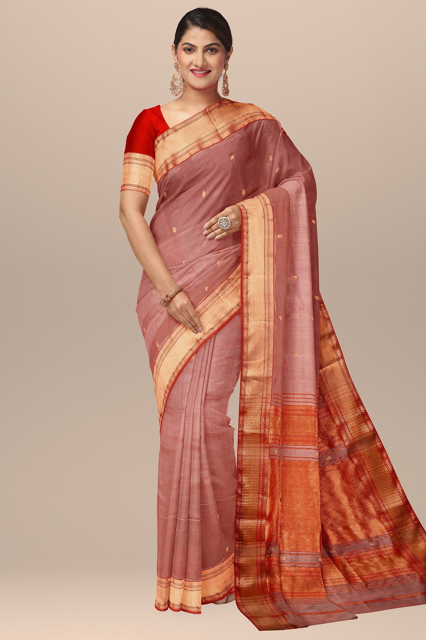 Copper Color Handwoven Mulberry Sausar Silk With Rui Buti And Zari Border Saree SKU-BS10134