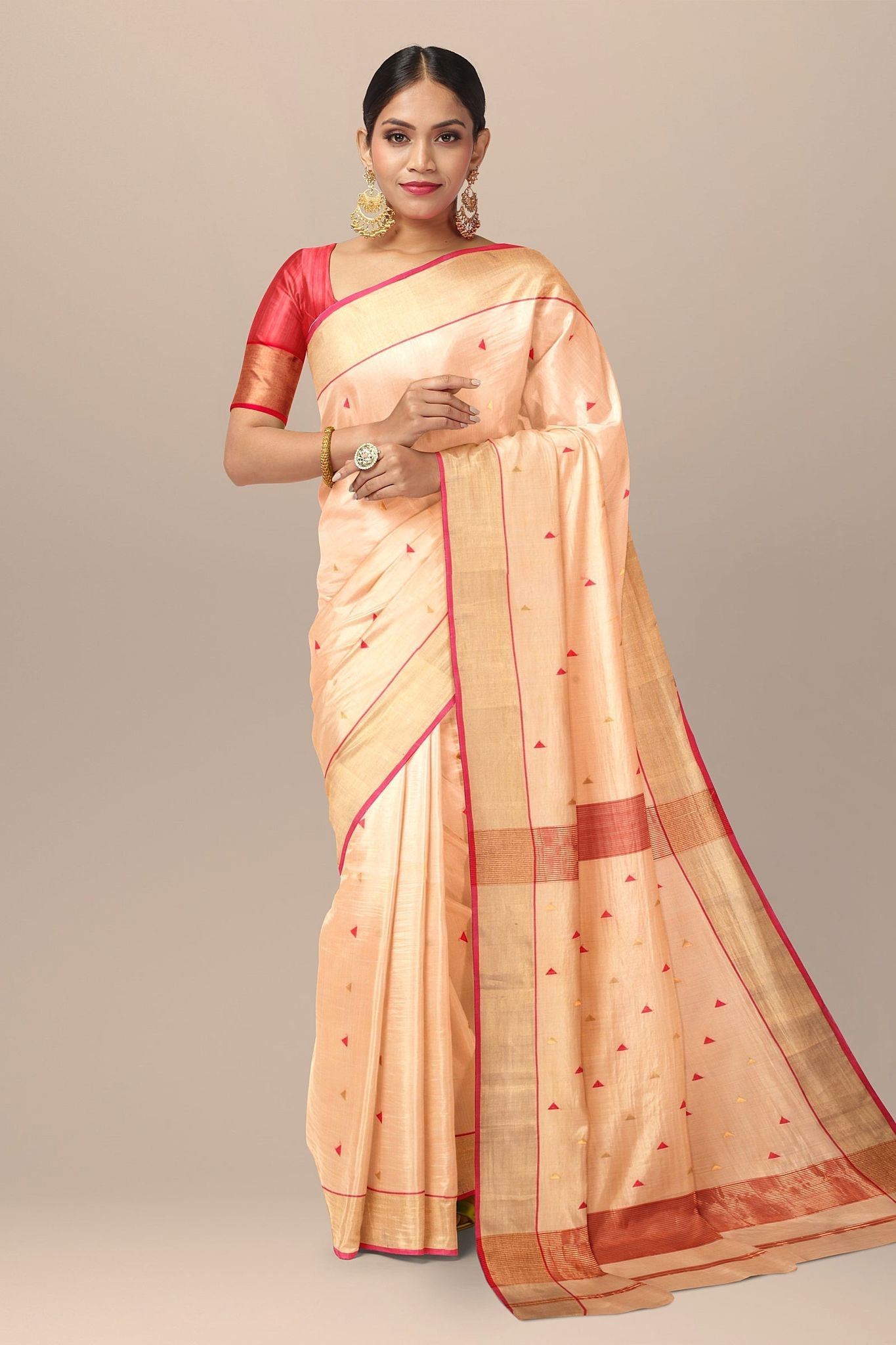 Cream Color Buti Handwoven Sausar Silk with Zari Border Saree SKU-BS10094