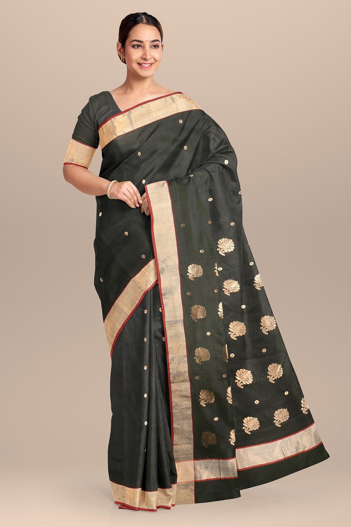 Dark  Mehandi Green Handwoven Traditional Floral Buta Chanderi With Golden Zari Border SKU - BS10142