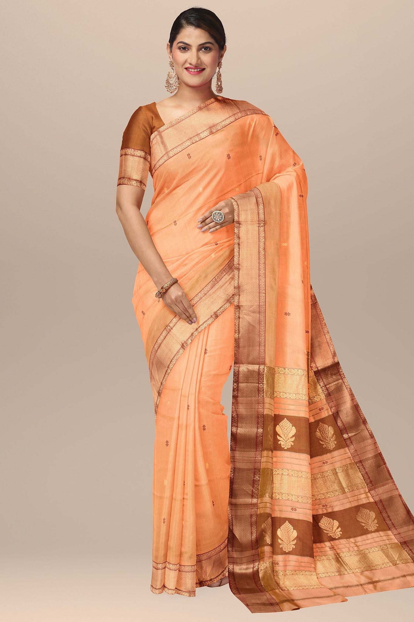 Golden Orange Buti Handwoven Mulberry Sausar Silk with Broad Zari Border Saree SKU-BS10135