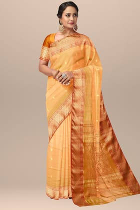 Golden Yellow Buti Mulberry Handwoven Sausar Silk with Broad Zari Border Saree SKU-BS10136