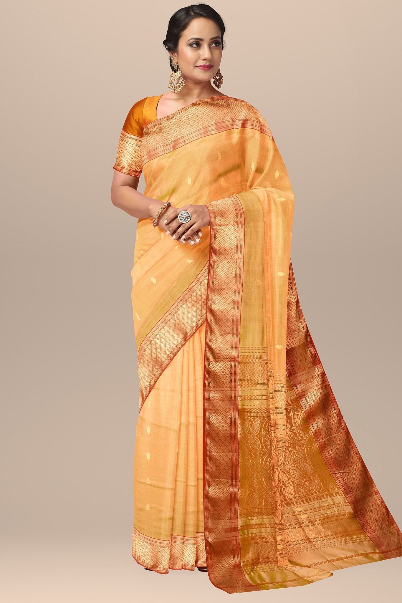 Golden Yellow Buti Mulberry Handwoven Sausar Silk with Broad Zari Border Saree SKU-BS10136