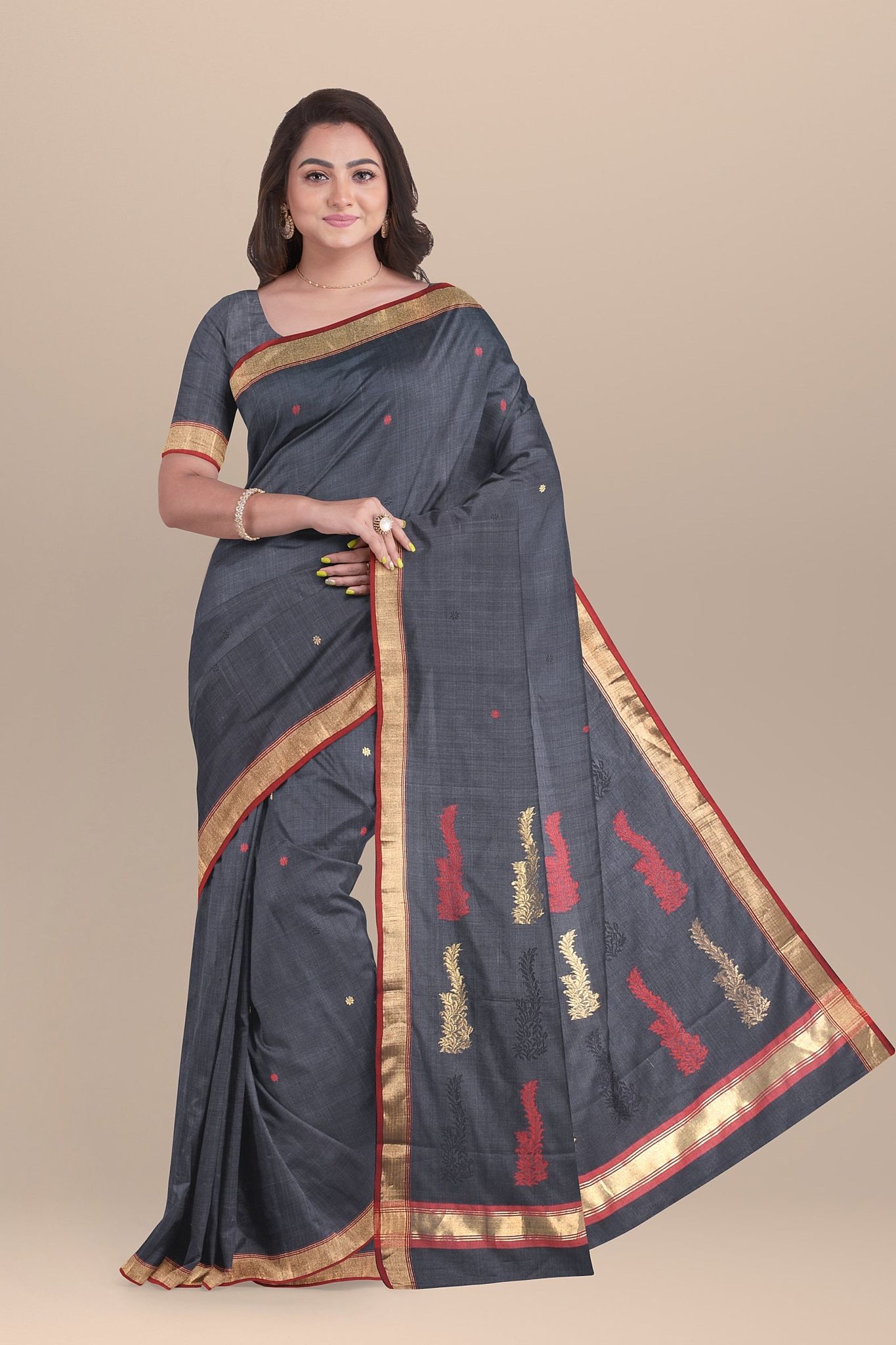 Grey Handwoven Traditional Floral Buta Chanderi With Golden Zari Border SKU - BS10144