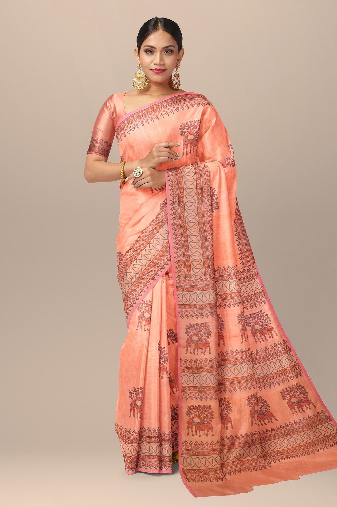 Cantaloupe Orange Deer Motif Handwoven Hand Block Printed Sausar Silk Saree SKU-AS10021