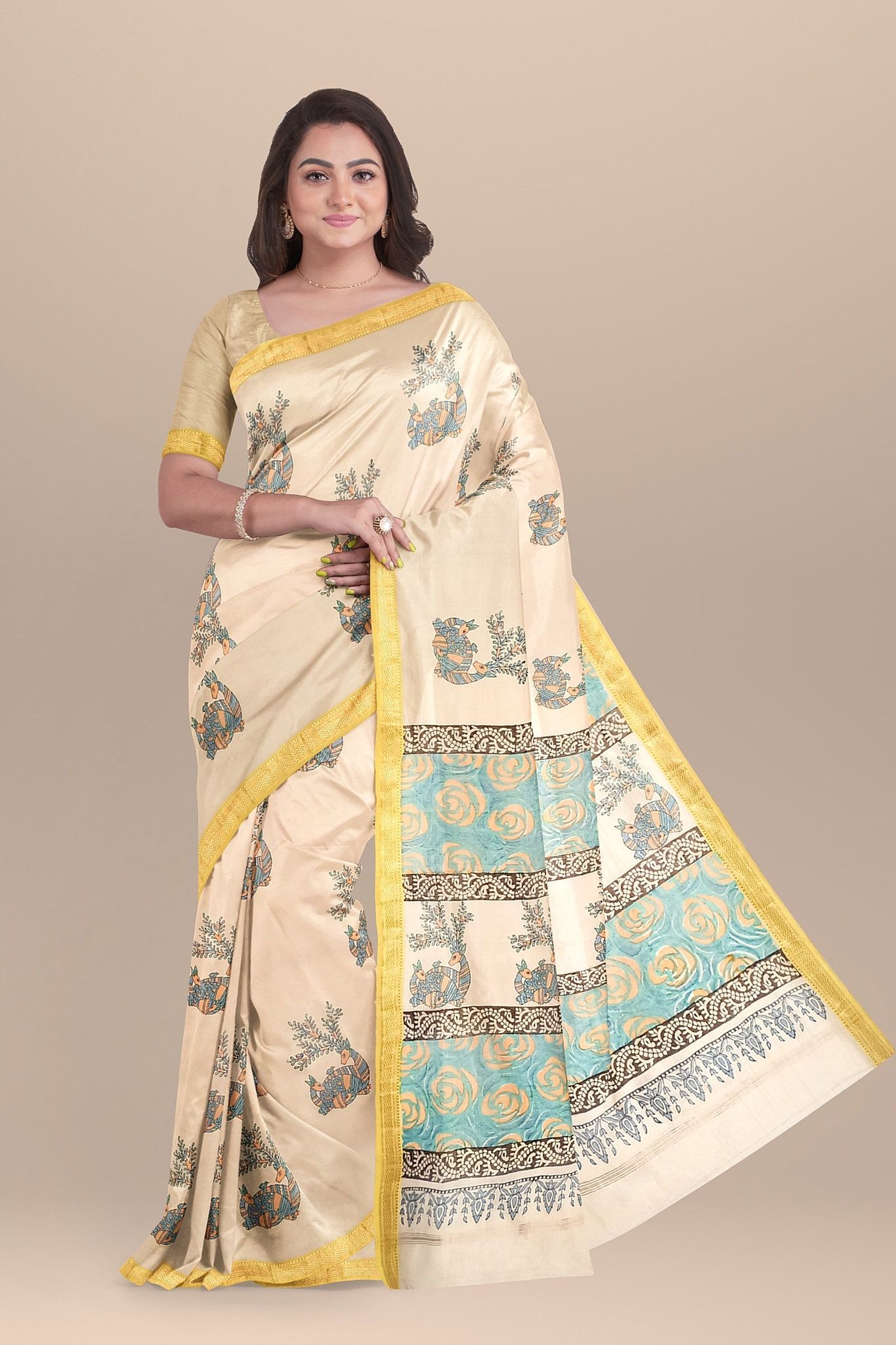 Cream Color Deer Motif Handwoven Hand Block Print Sausar Silk Saree SKU-AS10016