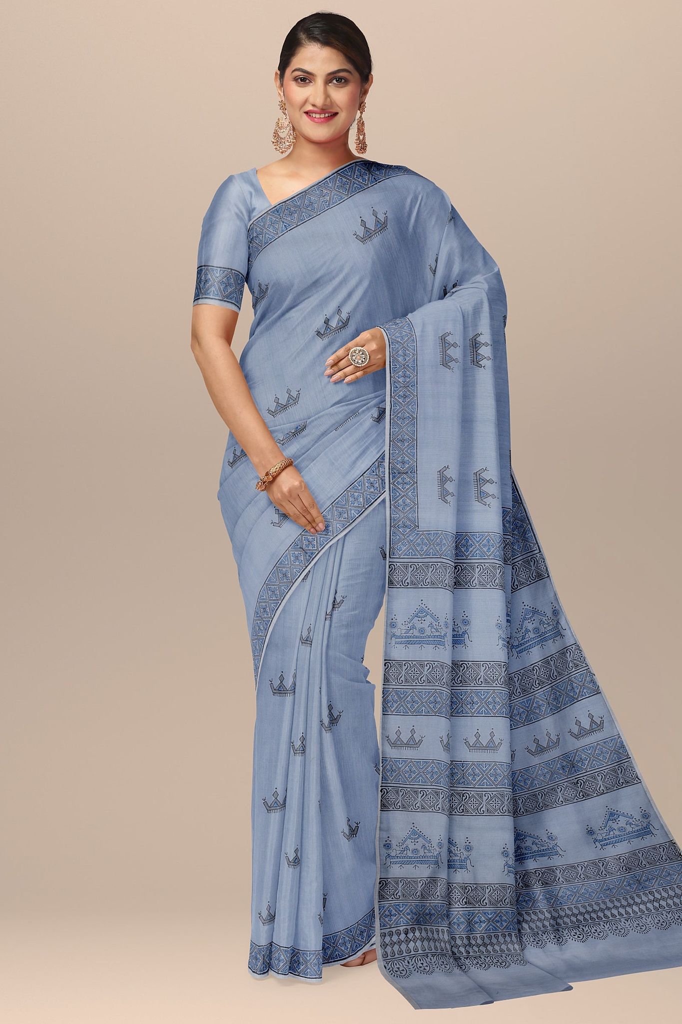 Grey Hand Block Print Tribal Tattoo Sausar Silk  Saree SKU-AS10002