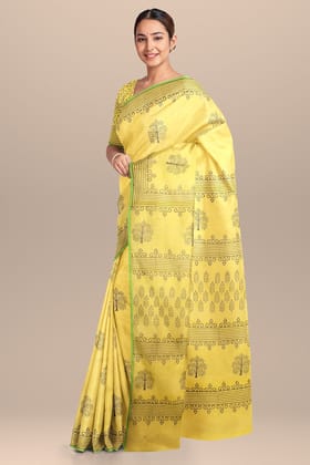 Lemon Yellow Tree Motif Handwoven Hand Block Print Sausar Silk SKU-AS10023