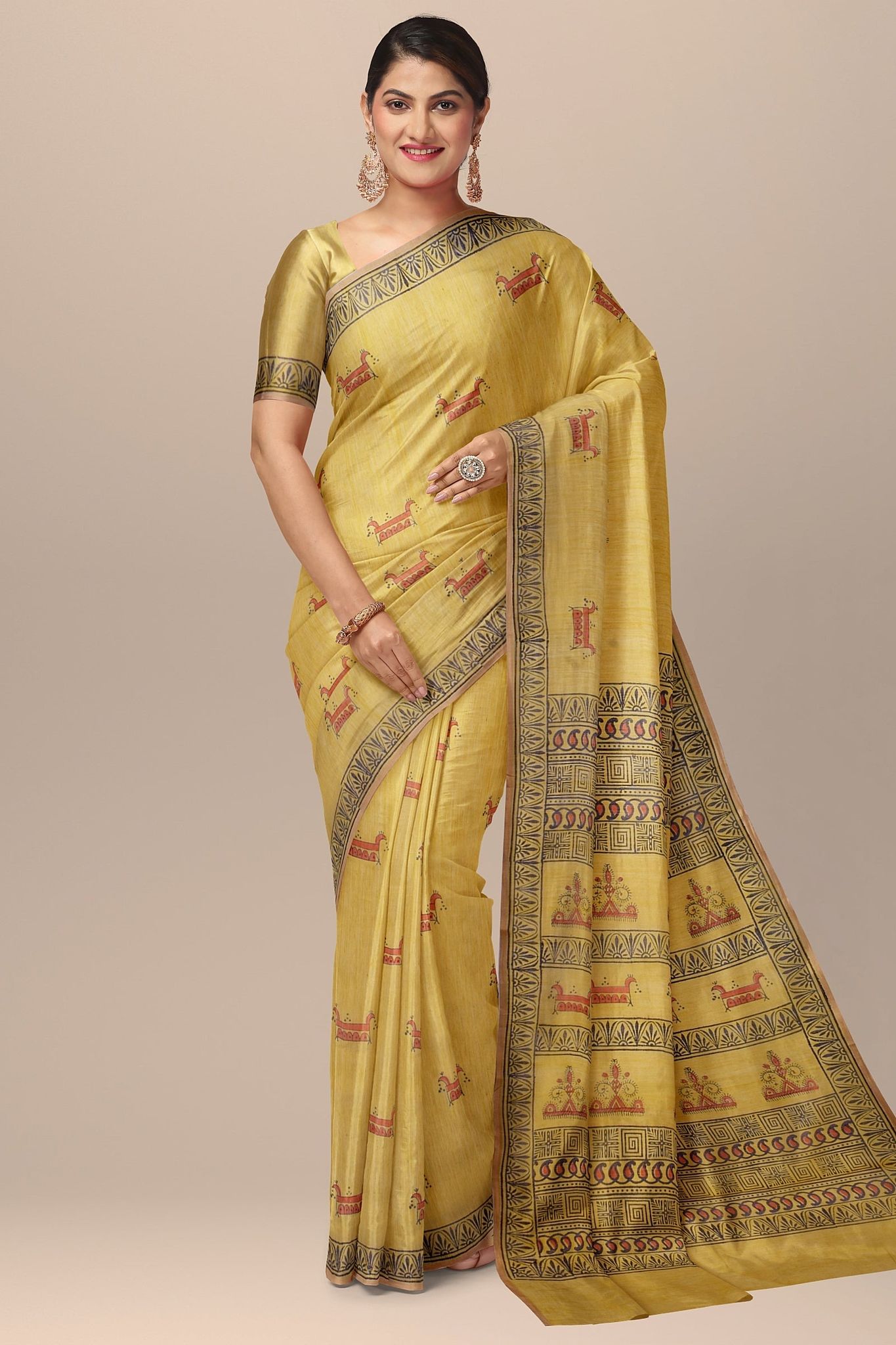 Munsell Yellow Tribal Motif Handwoven Hand Block Print Sausar Silk Saree SKU-AS10022