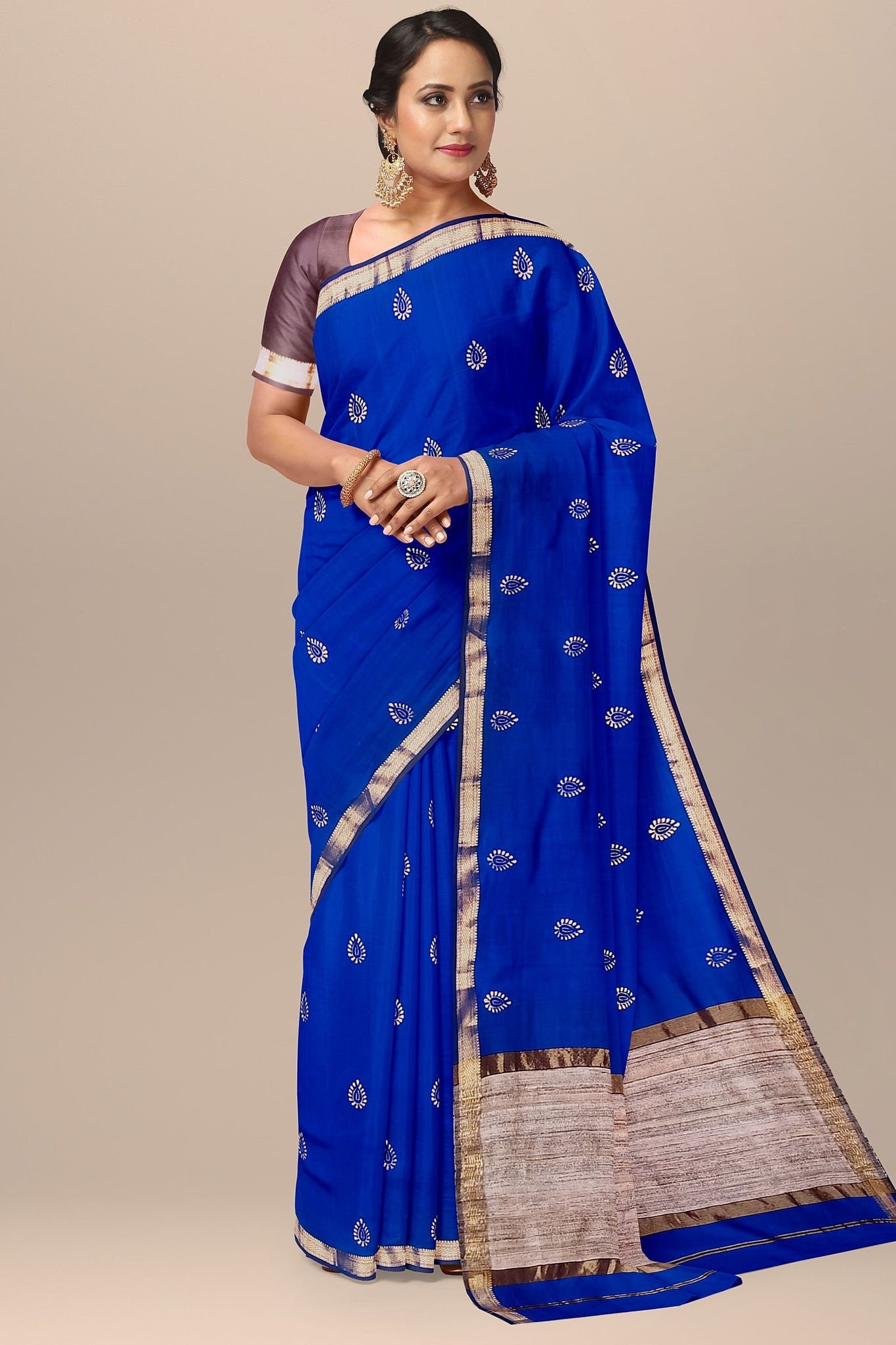 Navy Blue Buti Motif Handwoven Hand Block Print Sausar Silk With Ghicha Palla Saree SKU-AS10013
