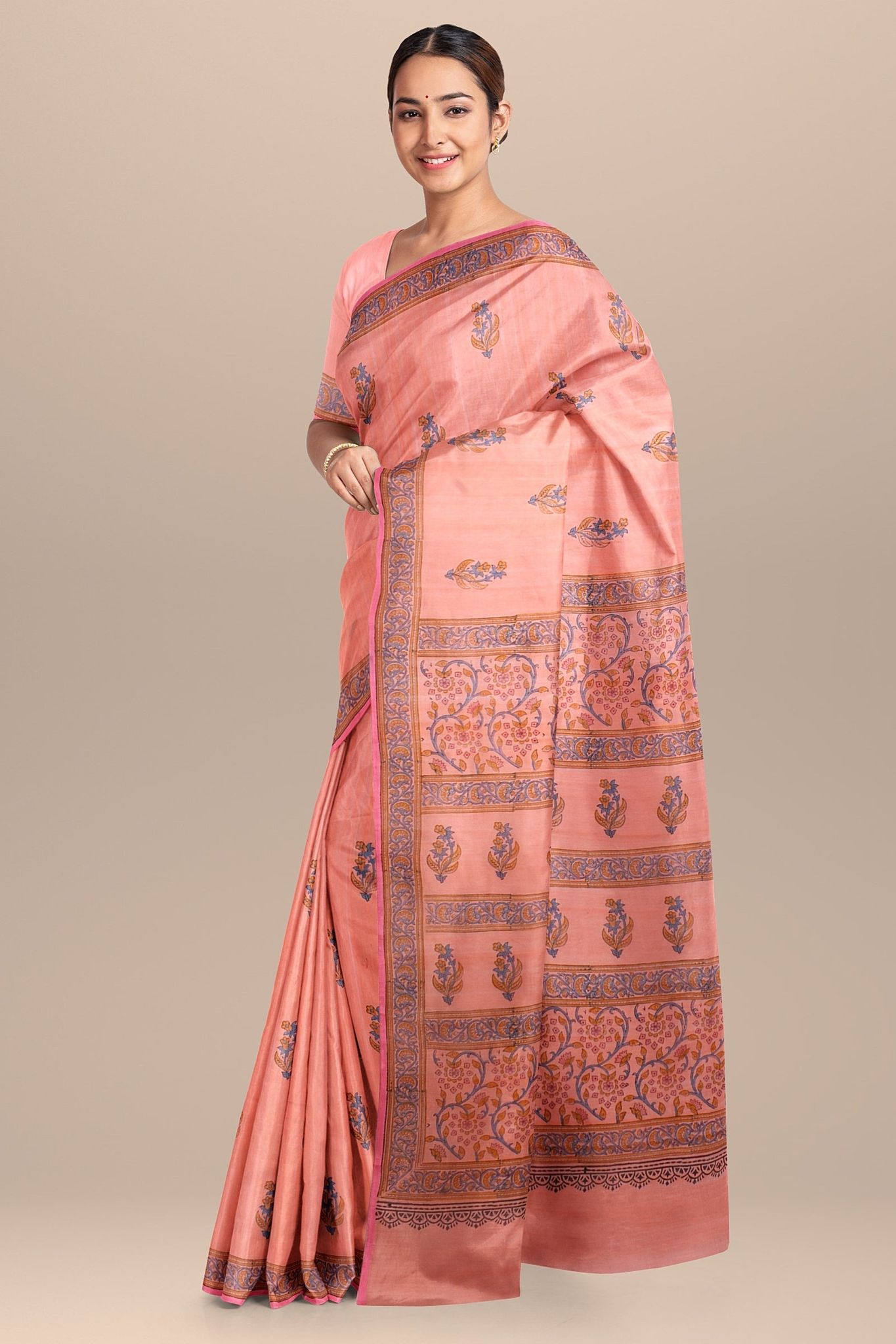 Peach Color Floral Motif Handwoven Hand Block Print Sausar Silk Saree SKU-AS10025