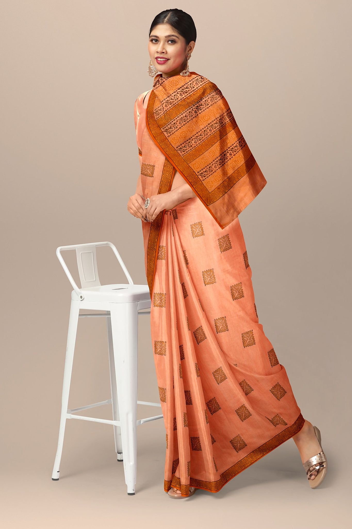Royal Orange Tribal Motif Hand Woven Hand Block Sausar Silk Saree SKU-AS10019