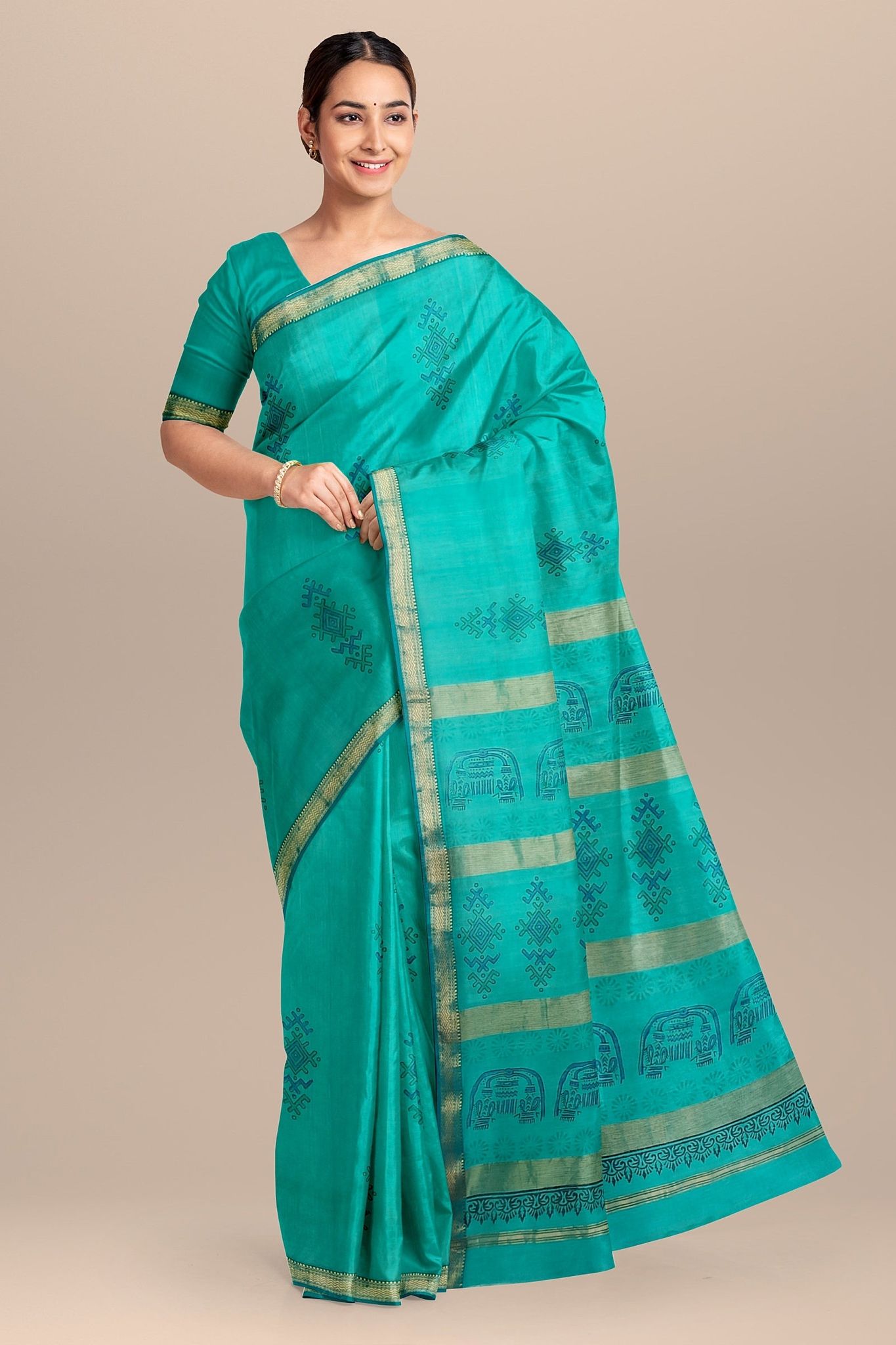 Turquoise Blue Handwoven Hand Block Print Sausar Silk Saree SKU-AS10014