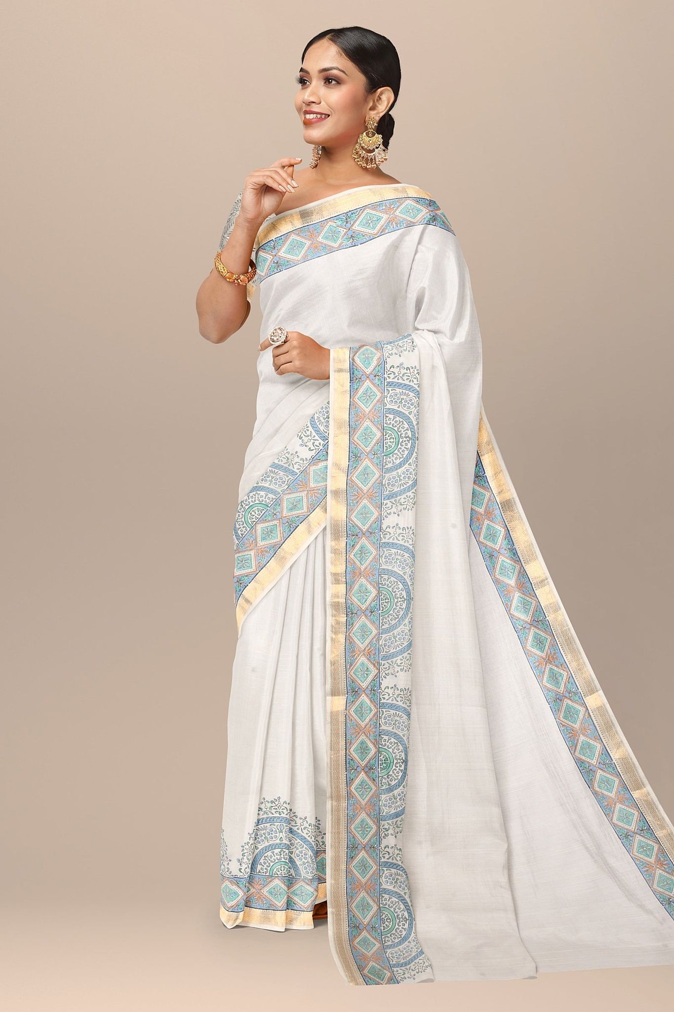 White Floral Motif Hand Woven Hand Block Sausar Silk With Golden Zari Border Saree SKU-AS10026