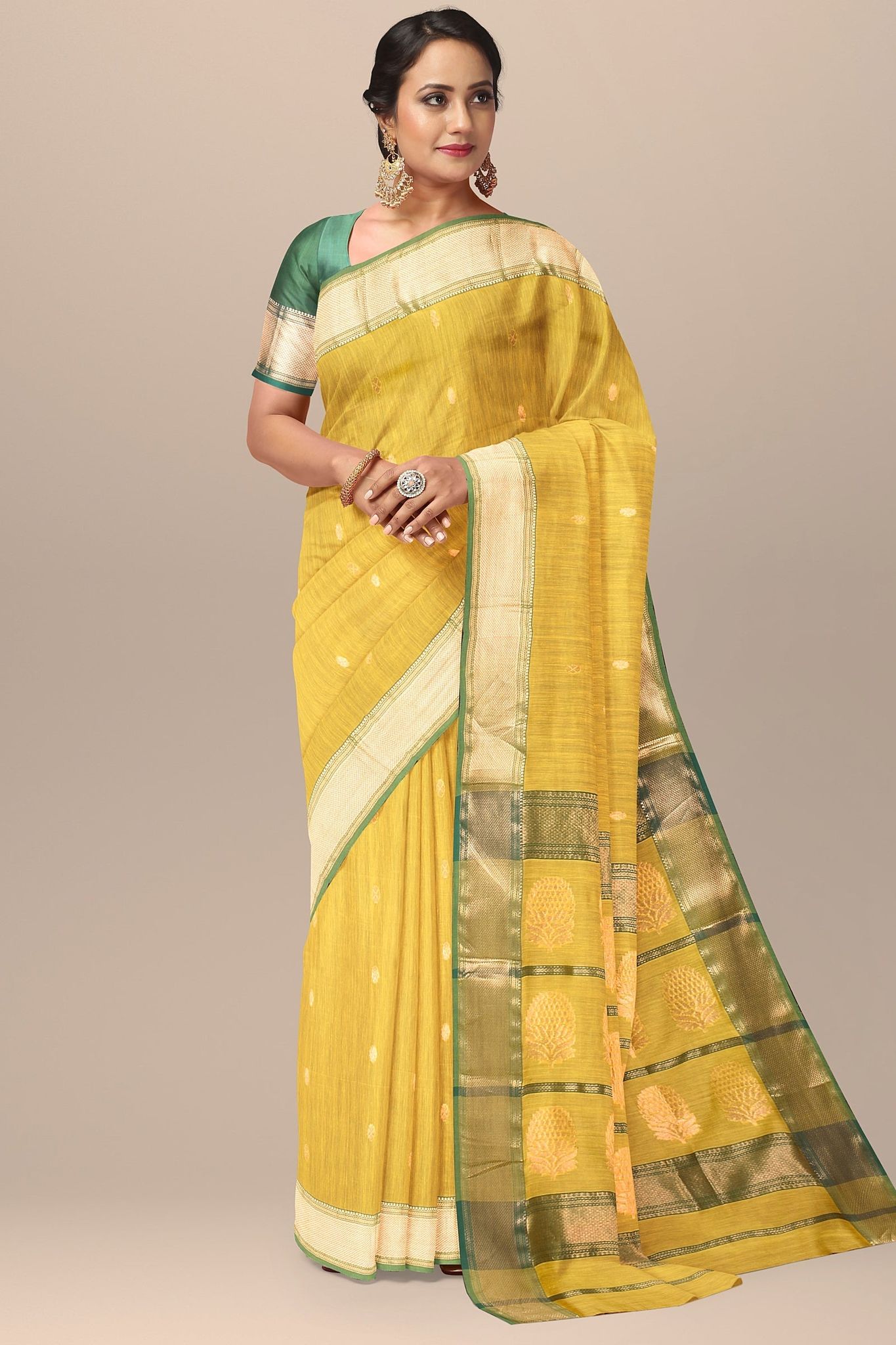 Lemon Yellow Buti Handwoven  Maheshwari  Silk with Zari Border and Tree Buta Pallu Saree SKU-BS10064