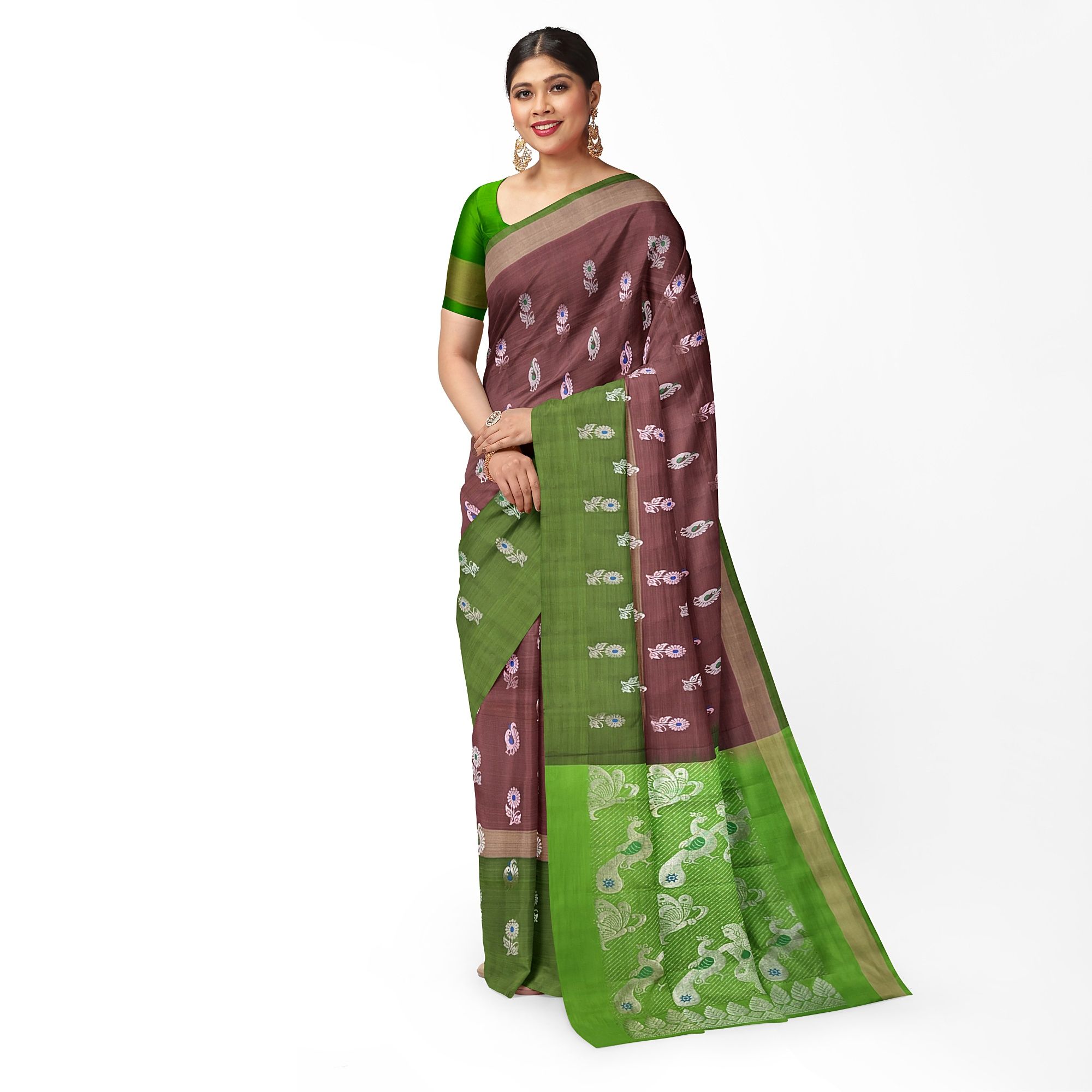 Chesnut Brown Color Long Border Floral Butta Kanjivaram Pure Silk Saree