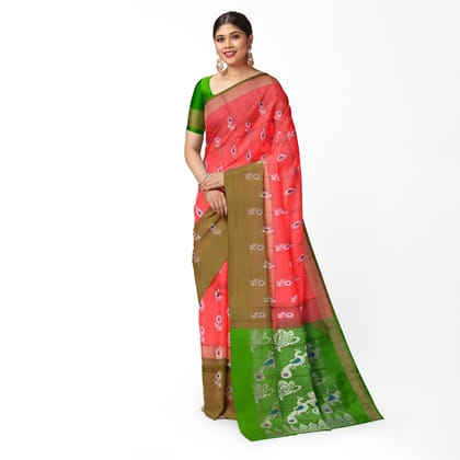 Dark Coral Color Beautiful Floral and Peacock Butta Kanjivaram Pure Silk Saree