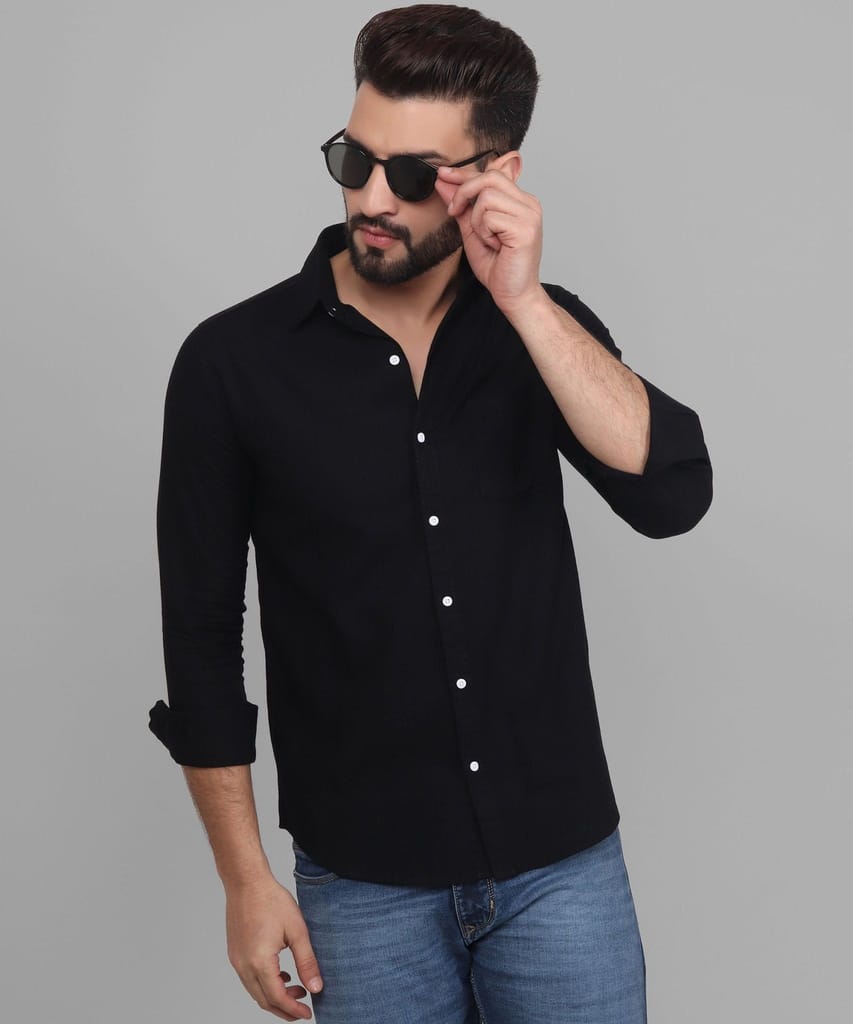 Button Down Black Linen Men's Shirt
