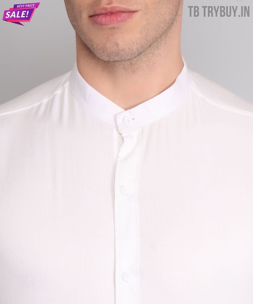 Mandarin Collar White Cotton Men's Shirt
