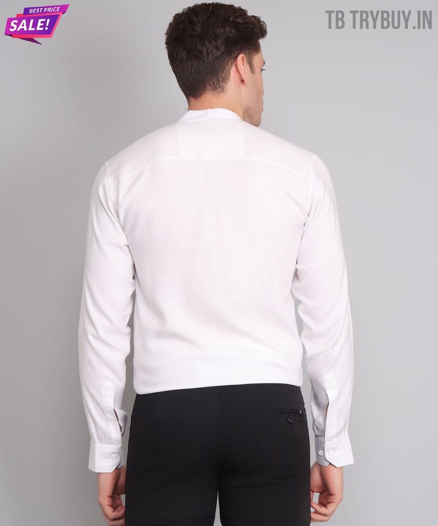 Mandarin Collar White Cotton Men's Shirt