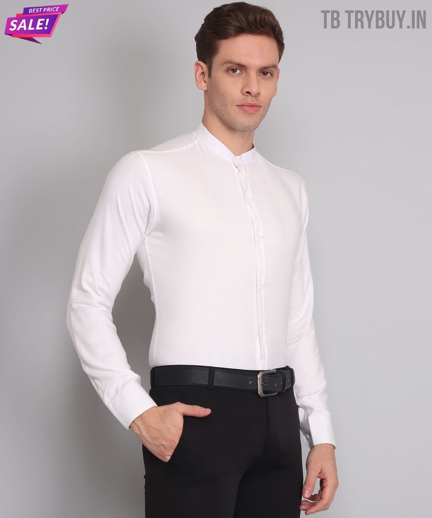 Mandarin Collar White Cotton Men's Shirt