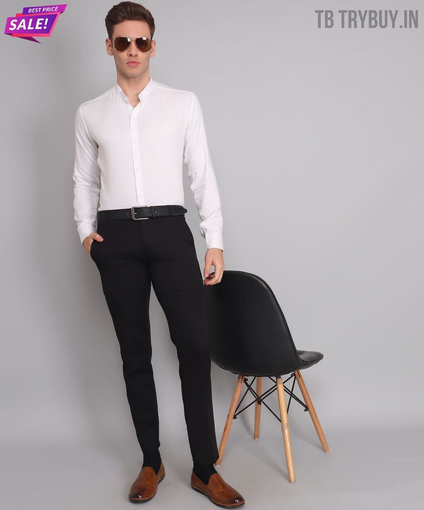Mandarin Collar White Cotton Men's Shirt