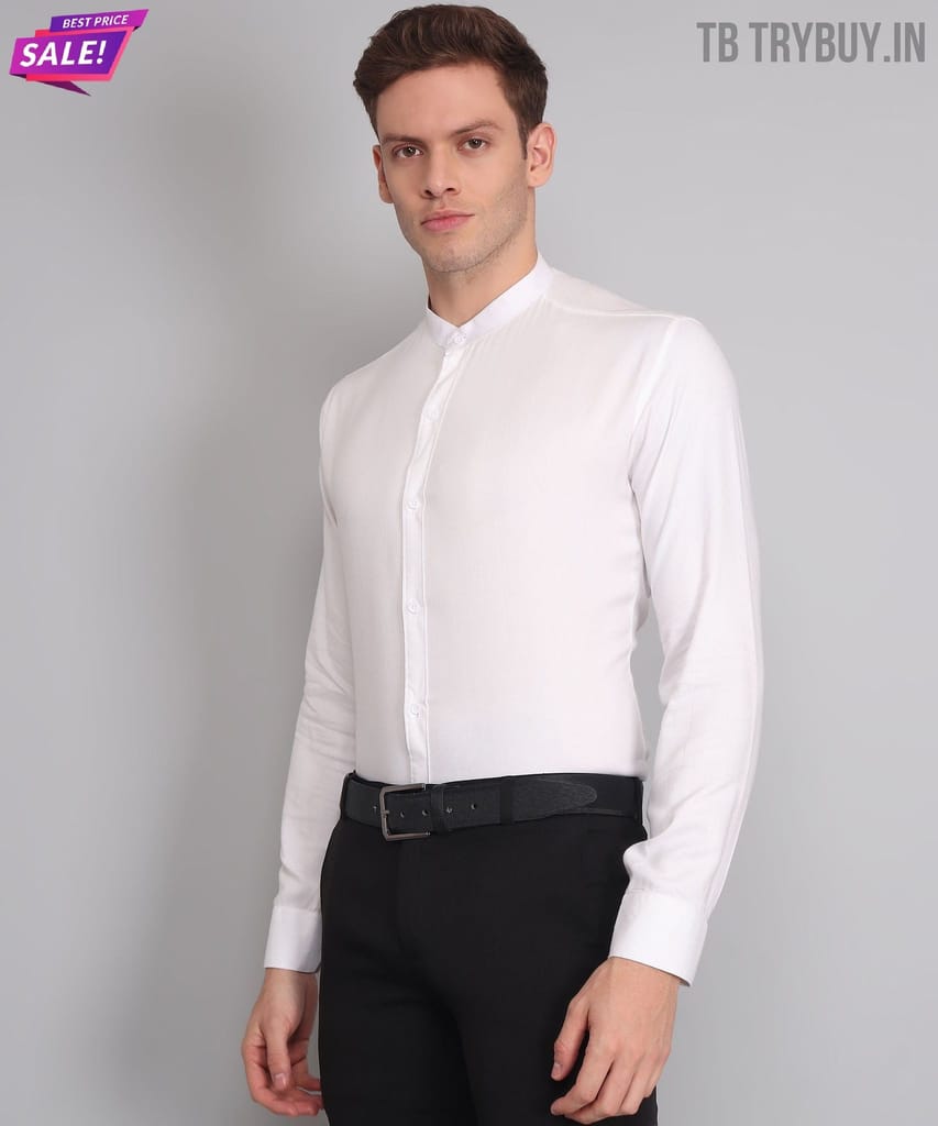 Mandarin Collar White Cotton Men's Shirt