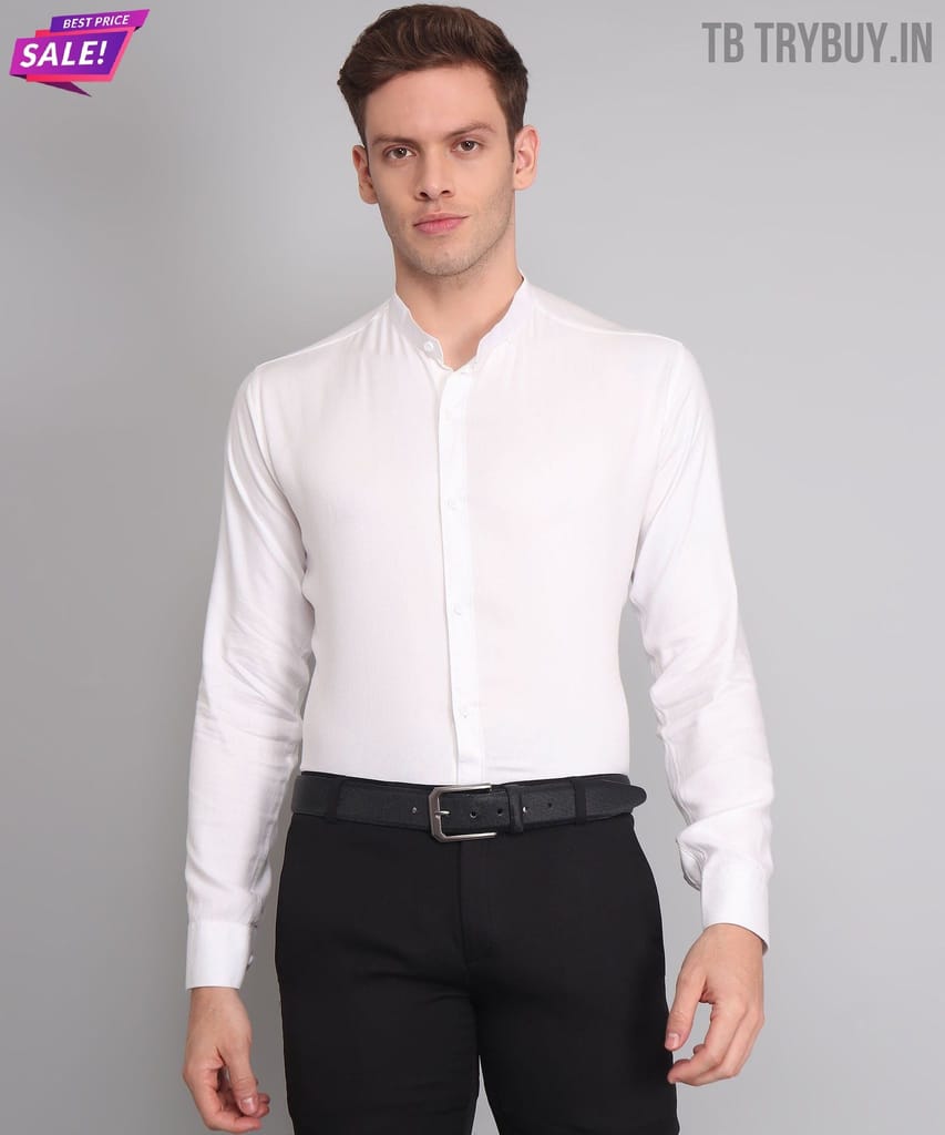 Mandarin Collar White Cotton Men's Shirt