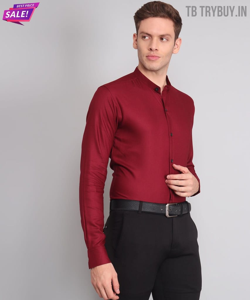 Mandarin Collar Maroon Men's Shirt