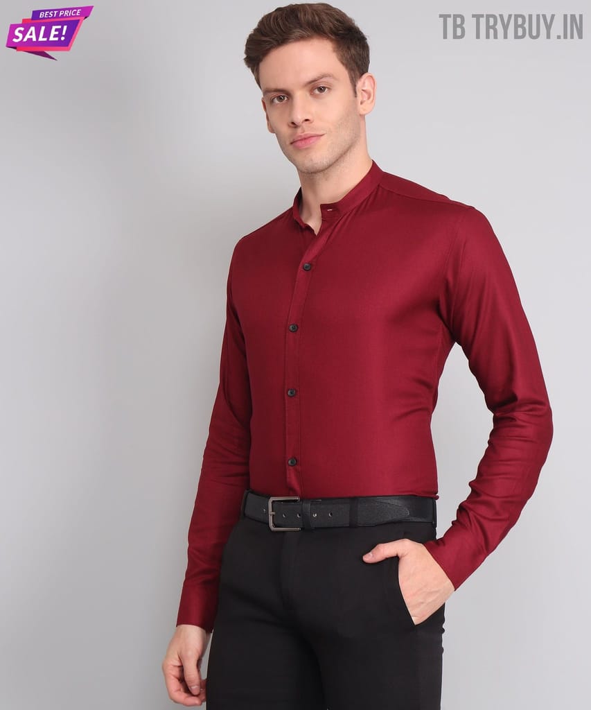 Mandarin Collar Maroon Men's Shirt