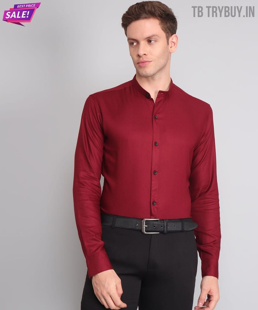 Mandarin Collar Maroon Men's Shirt