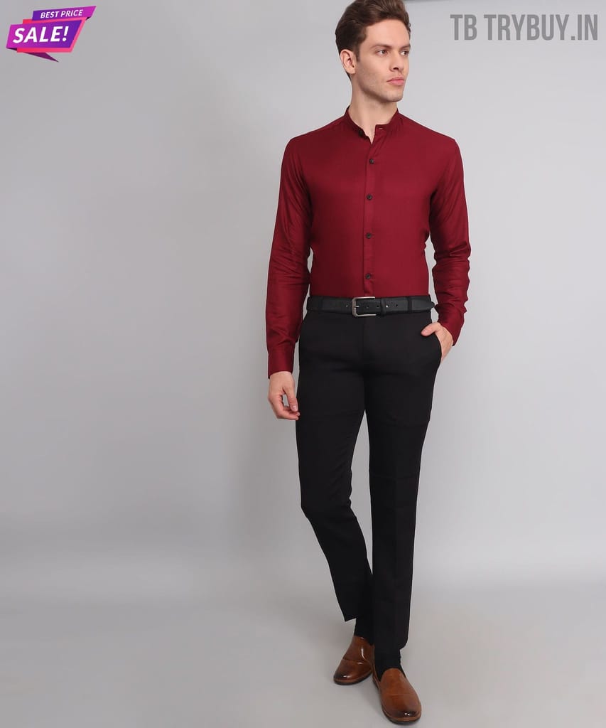 Mandarin Collar Maroon Men's Shirt