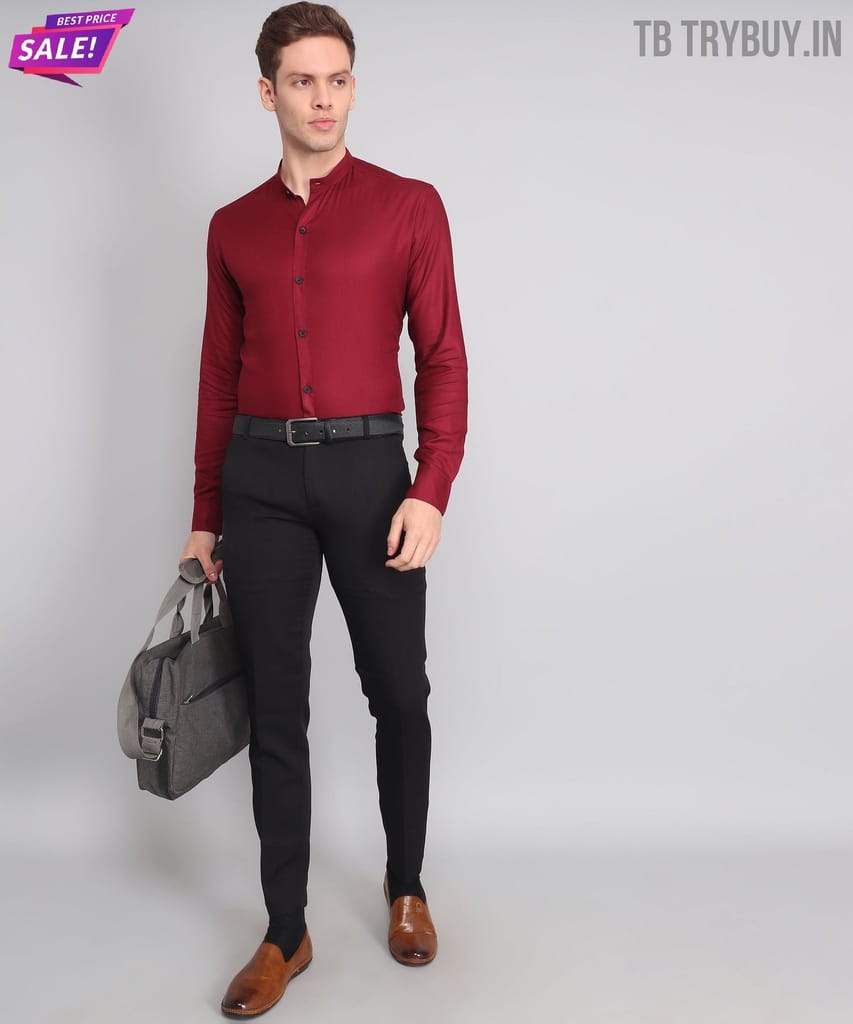 Mandarin Collar Maroon Men's Shirt