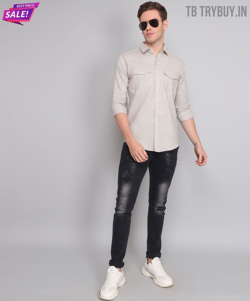 Grey Solid Double Pocket Men's Shirt