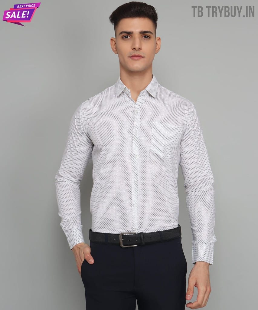 Blue Dotted Print Cotton White Men's Shirt