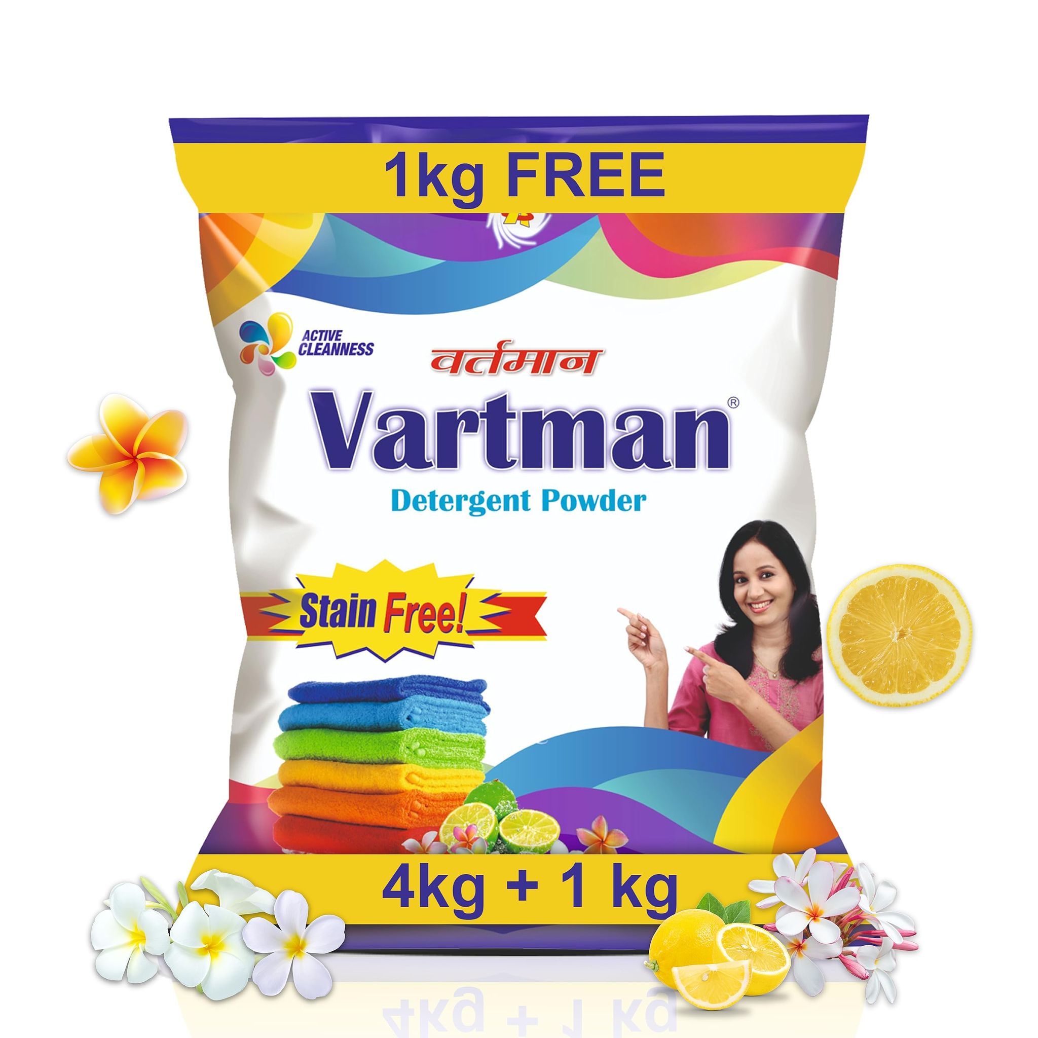 Vartman Double Power Lemon Top Load Washing Powder 4KG (1KG Free) Detergent Powder 5KG (Lemon)�