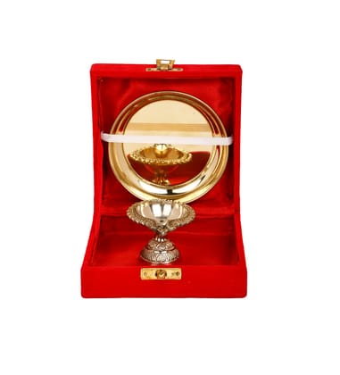 BulkySanta Brass Plate with Diya || Brass Laxmi Kuber Diya Big Size || Brass Plate 4 inches (with Gift Box)