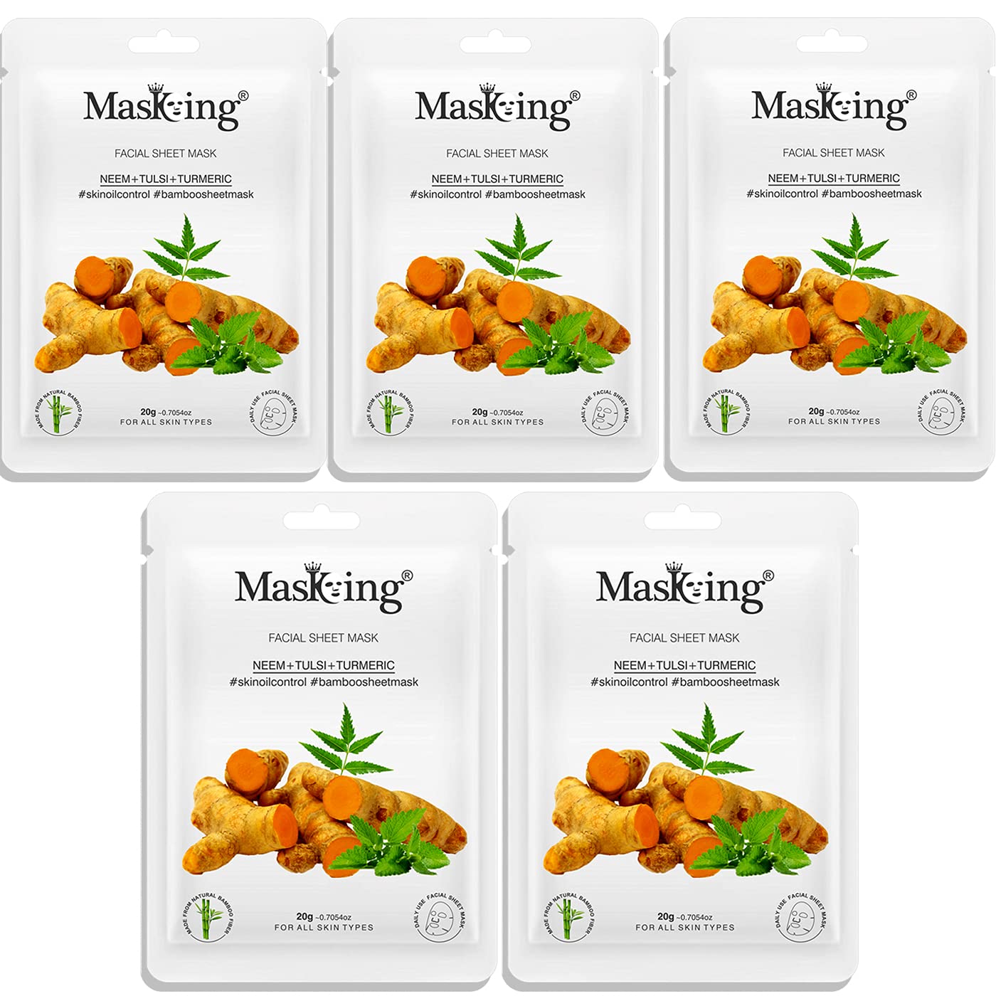 MasKing Bamboo Facial Sheet Mask of Neem, Tulsi & Turmeric for Skin Oil Control Ideal for Women & Men, 20ml each (Pack of 5)